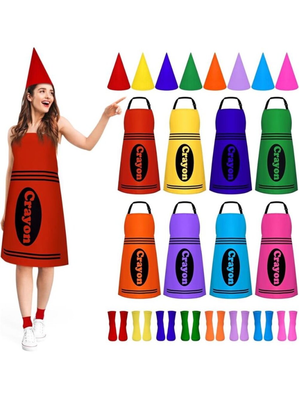 8 Set Color Crayon Apron and Funny Gnome Cone Hats for Costume Set